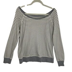 Pact Medium Gray Ivory Stripe Top Organic Cotton Boatneck Raglan Long Sleeved